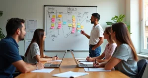 Reunião de pequena empresa brasileira discutindo vendas em frente a quadro branco colorido