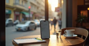 Vendedor em cafeteria olhando notificações demoradas no celular