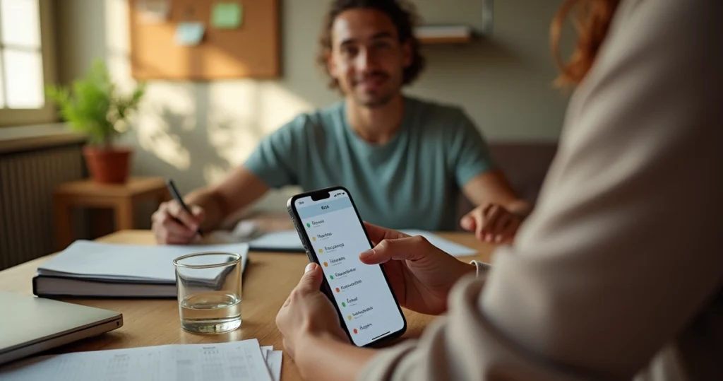 Vendedor autônomo brasileiro organizando contatos de clientes no celular sentado em uma mesa simples