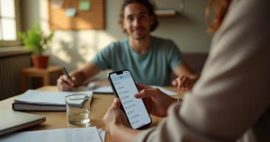 Vendedor autônomo brasileiro organizando contatos de clientes no celular sentado em uma mesa simples