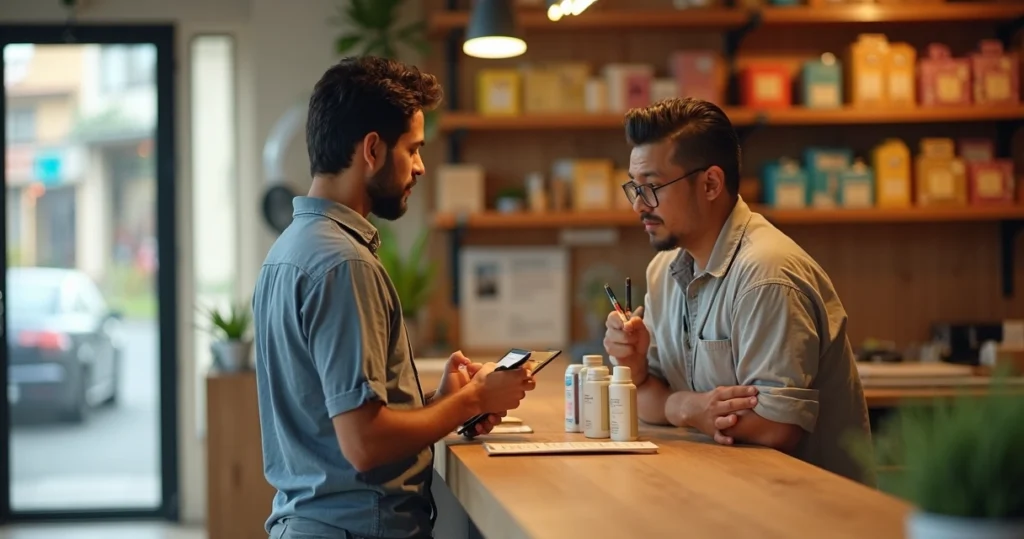Vendedor conversando com cliente indeciso em loja pequena