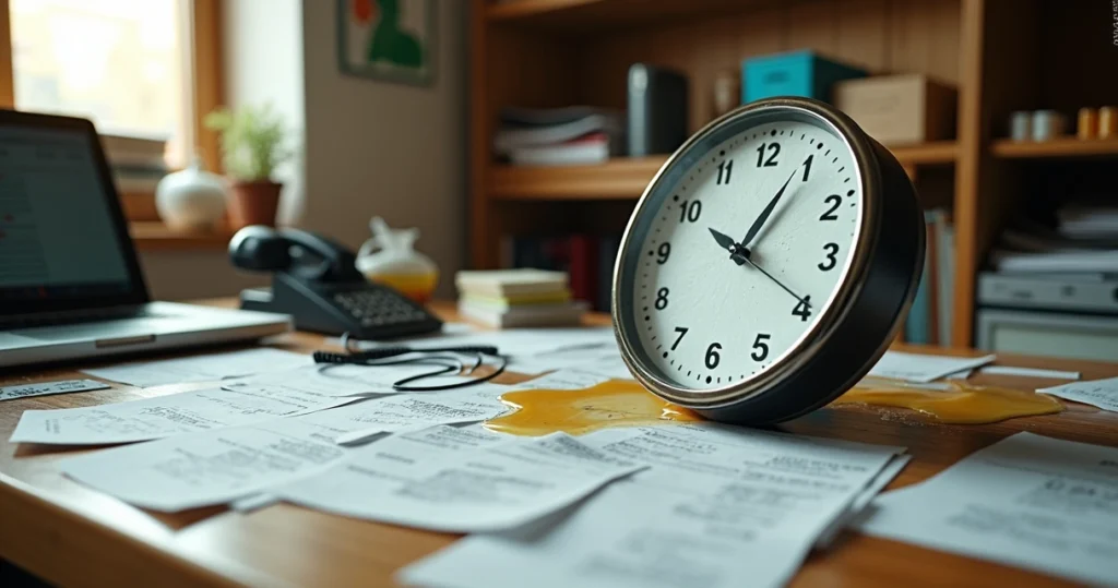 Relógio derretendo sobre mesa de vendedor com relatório bagunçado