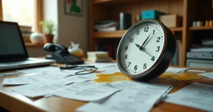 Relógio derretendo sobre mesa de vendedor com relatório bagunçado