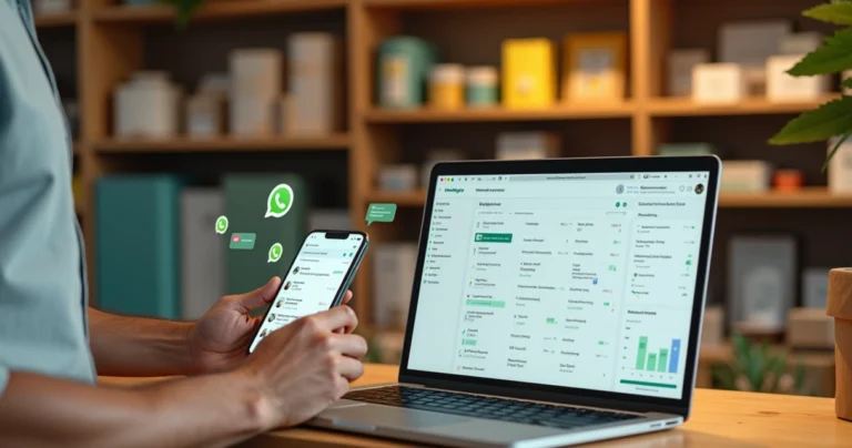Vendedor organizando conversas de WhatsApp em painel de CRM dentro de pequena loja