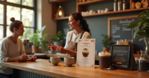 Barista oferecendo upgrade de bebida maior para cliente em cafeteria brasileira organizada