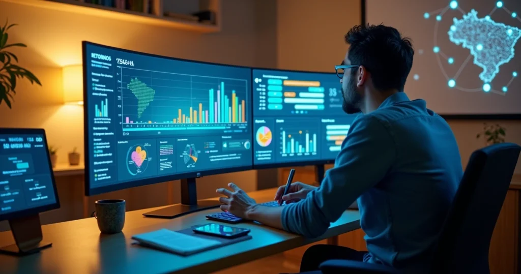 Gestor brasileiro observando painel digital de vendas controlado por IA com múltiplos canais conectados