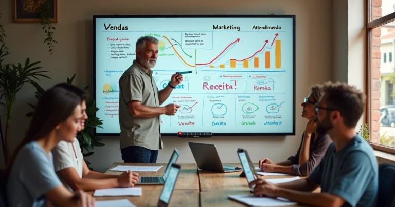 Dono de pequena empresa guiando equipe em frente a painel de metas de vendas