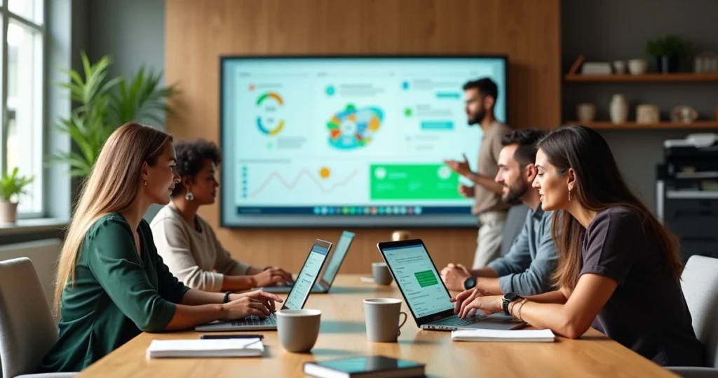 Equipe de pequeno negócio brasileiro analisando dados de marketing e CRM em telão num espaço colaborativo