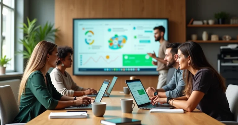 Equipe de pequeno negócio brasileiro analisando dados de marketing e CRM em telão num espaço colaborativo