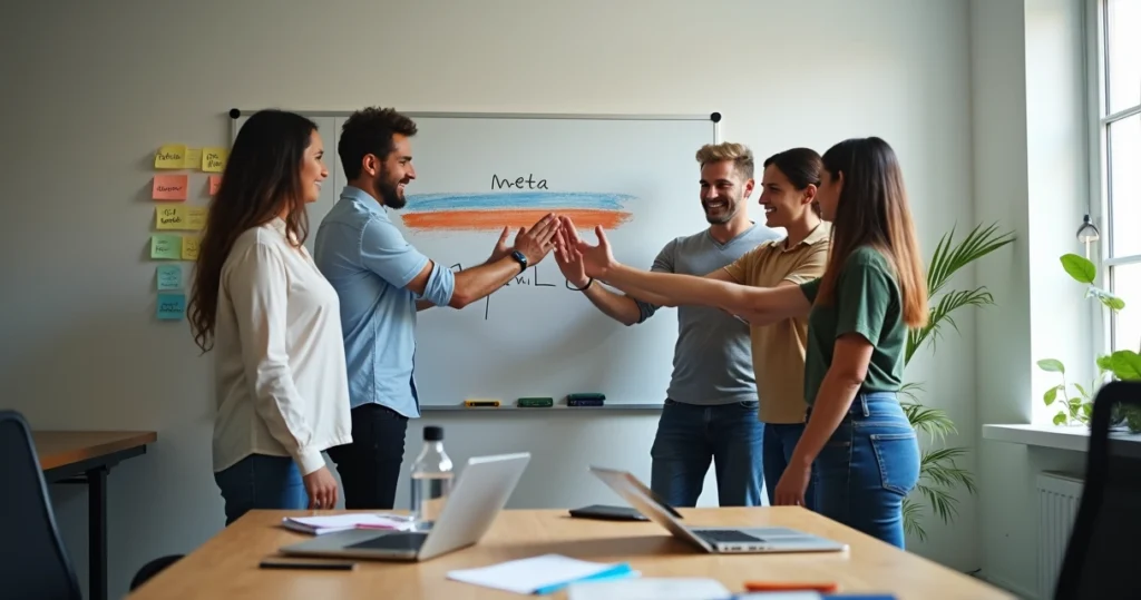 Equipe de vendas pequena comemorando meta batida em escritório simples