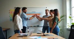 Equipe de vendas pequena comemorando meta batida em escritório simples