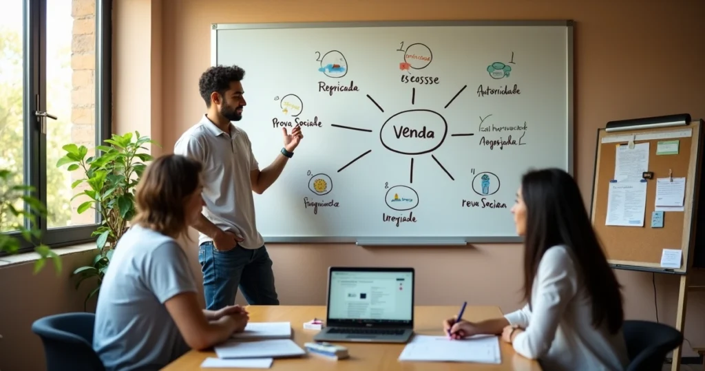 Dono de pequeno negócio brasileiro planejando estratégias de persuasão em vendas em quadro branco colorido