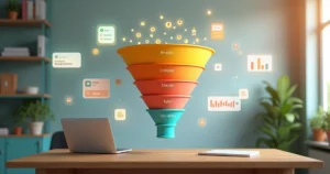 Ilustração de funil de conversão de vendas com etapas e contatos organizados