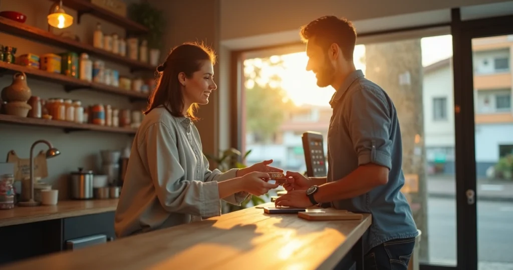 Atendente de pequena empresa cadastrando novo cliente em aplicativo de CRM no balcão