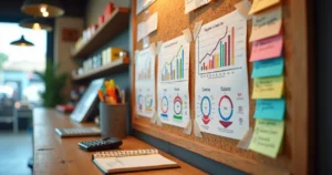 Parede de pequena loja brasileira com gráficos de KPIs de vendas feitos à mão