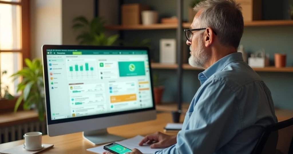 Dono de pequena empresa observando painel com integrações entre WhatsApp e IA no computador