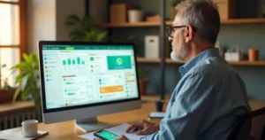 Dono de pequena empresa observando painel com integrações entre WhatsApp e IA no computador