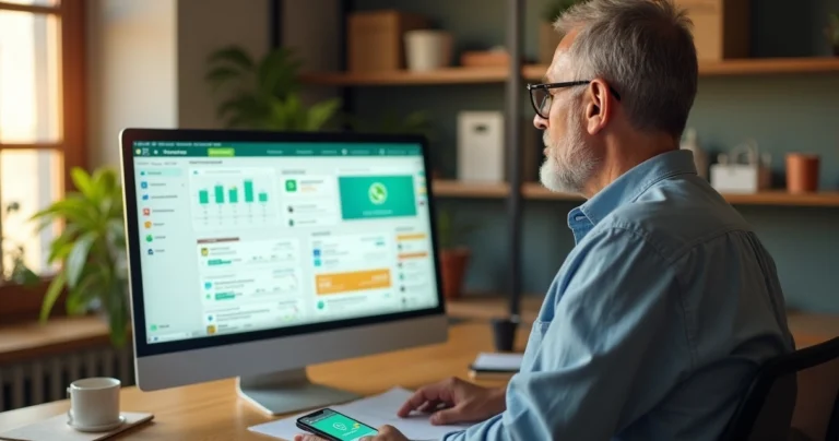 Dono de pequena empresa observando painel com integrações entre WhatsApp e IA no computador