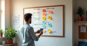 Dono de pequena empresa montando pipeline de vendas em quadro branco colorido