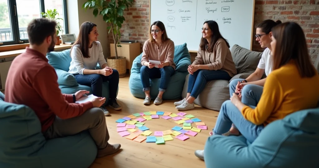 Pequena equipe em círculo de reunião com post-its coloridos no chão em formato de 360 graus