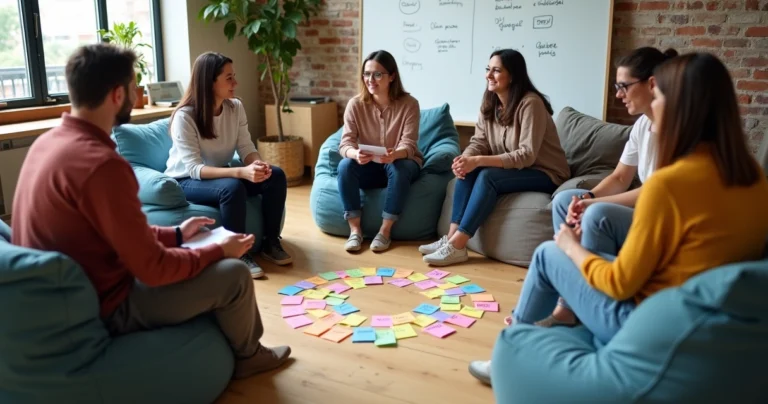 Pequena equipe em círculo de reunião com post-its coloridos no chão em formato de 360 graus