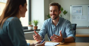 Vendedor em pequena reunião usando postura aberta e sorriso ao falar com cliente