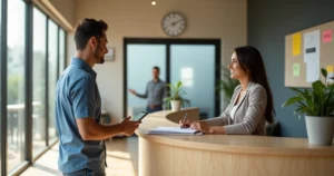 Vendedor passando com cordialidade pela recepcionista até a porta do decisor