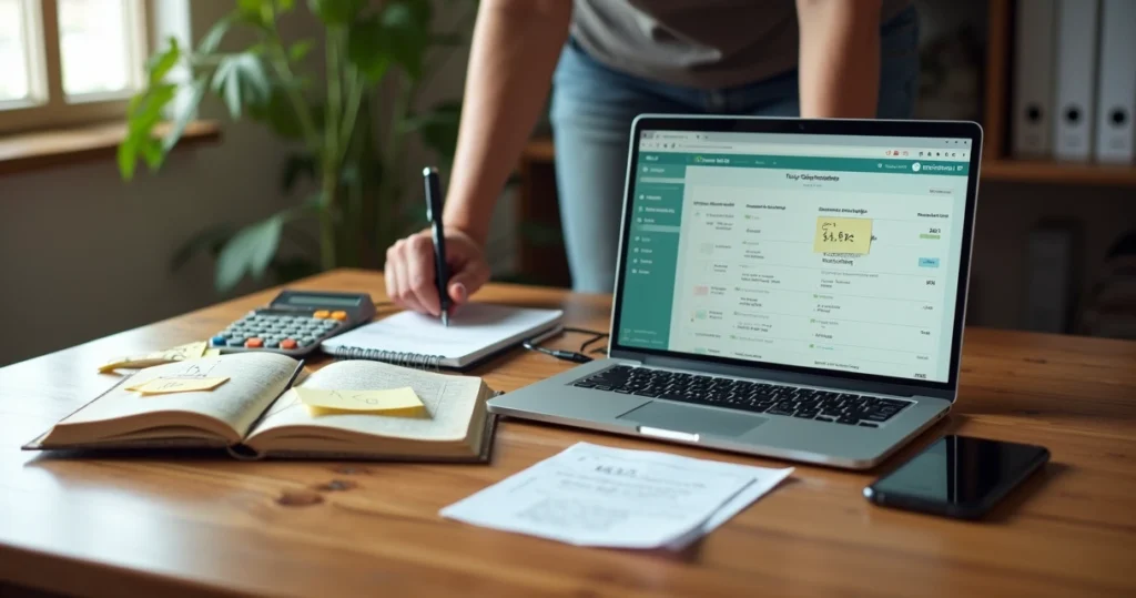 Comparação entre caderno, planilha e tela de CRM em mesa de pequena empresa