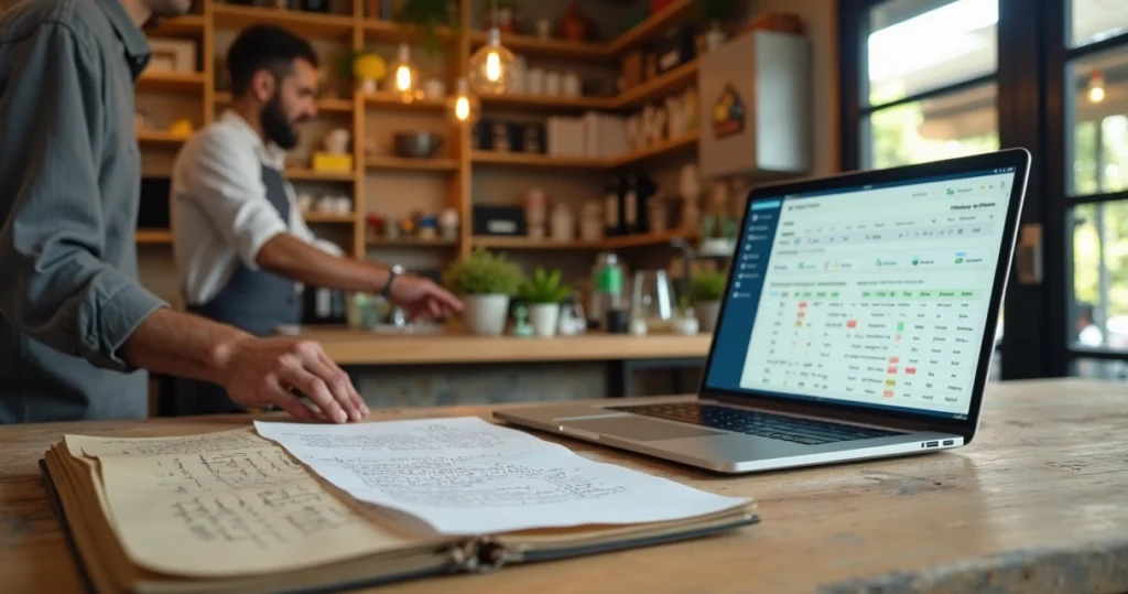 Dona de pequena loja vendo contatos migrados de planilha para CRM simples no notebook