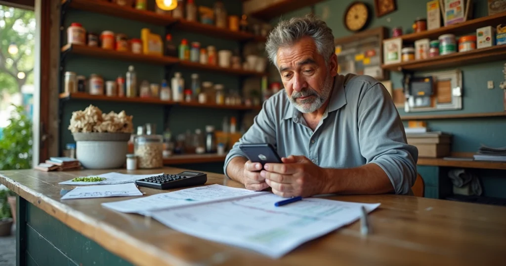 Dono de pequena loja brasileira comparando planilha em papel com CRM simples no celular