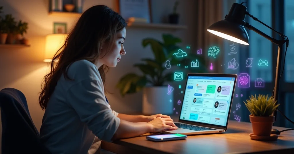 Empresária usando notebook e smartphone com ícones de inteligência artificial ao redor