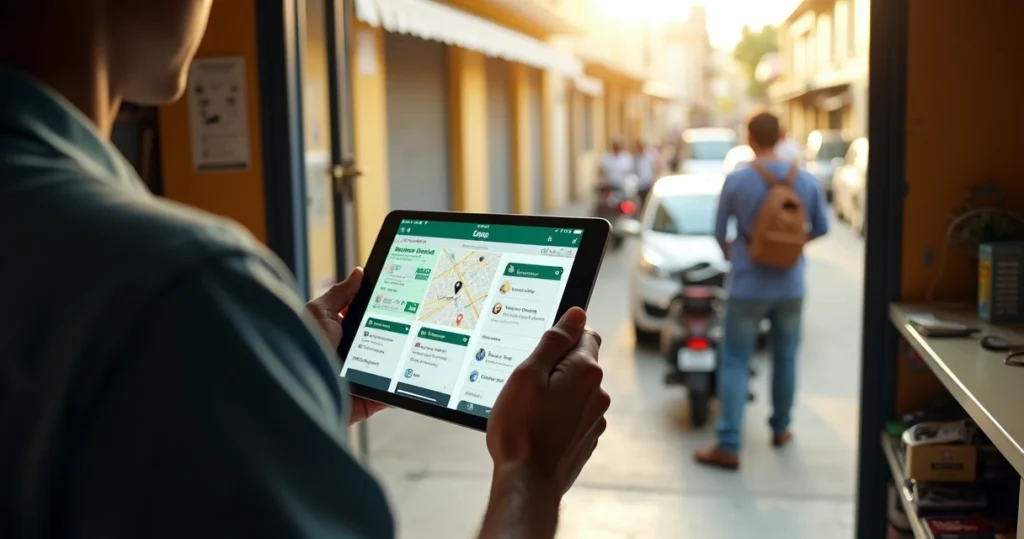 Gestor acompanhando em tablet a rota de vendedor externo na rua