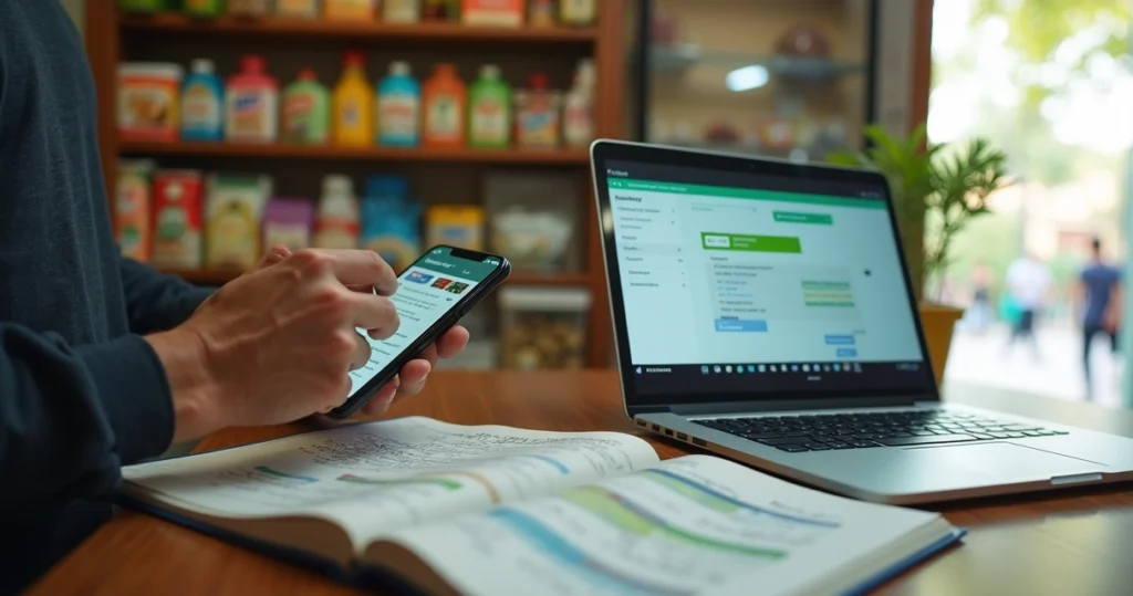 Dono de pequena loja usando CRM de WhatsApp no celular no balcão