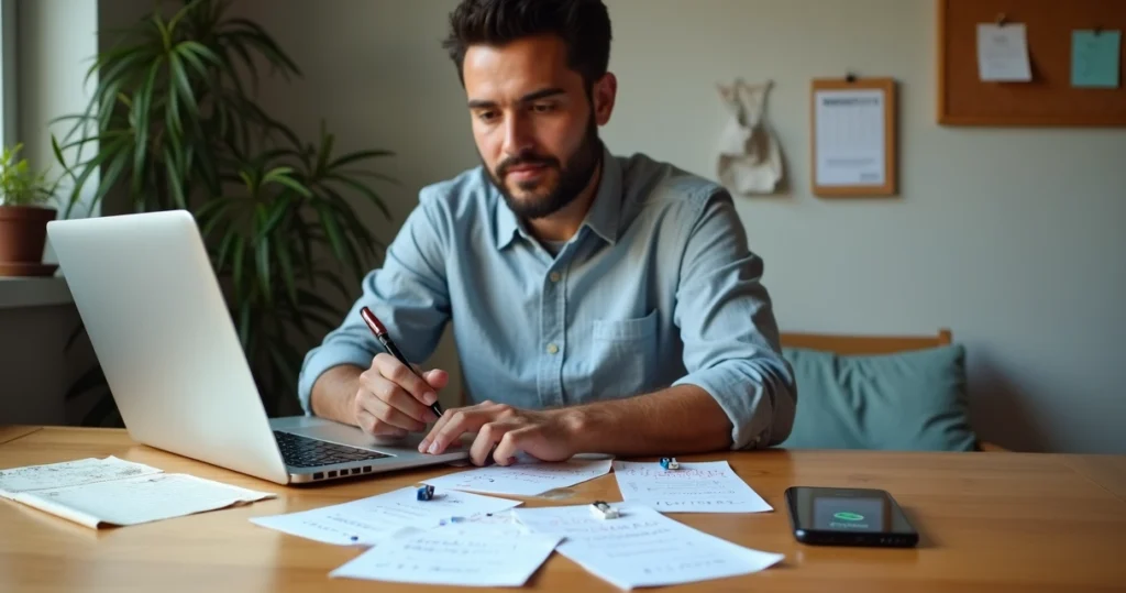 Microempreendedor brasileiro organizando contatos de clientes em mesa com cartões e notebook