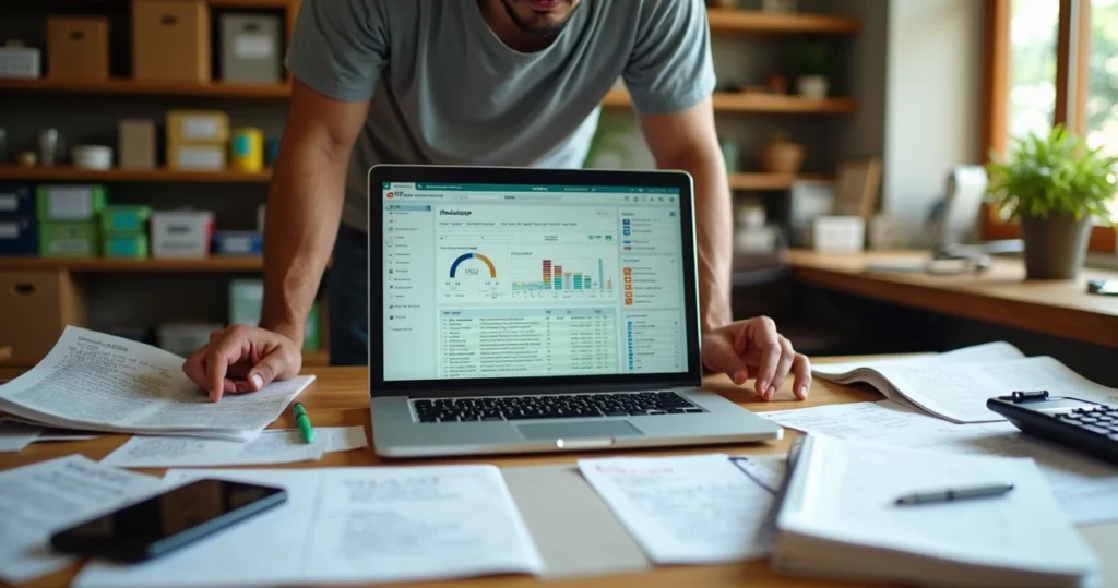 Pequeno empresário brasileiro migrando dados de planilha em papel para CRM no notebook
