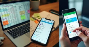 Quadrinho mostrando planilha confusa e tela de CRM simples lado a lado