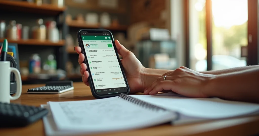 Vendedor organizando contatos de clientes no celular apoiado em balcão simples