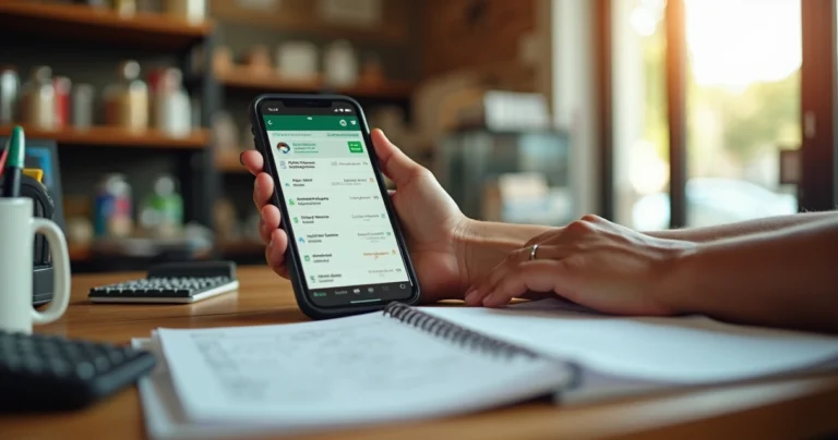 Vendedor organizando contatos de clientes no celular apoiado em balcão simples