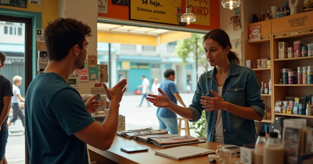 Vendedor usando gestos para convencer cliente em loja popular brasileira