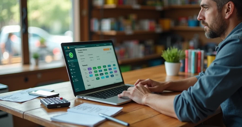 Vendedor organizando leads do WhatsApp no notebook ao lado de balcão de pequena loja