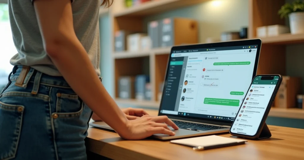 Vendedora em pequena loja usando notebook com CRM integrado ao WhatsApp na bancada
