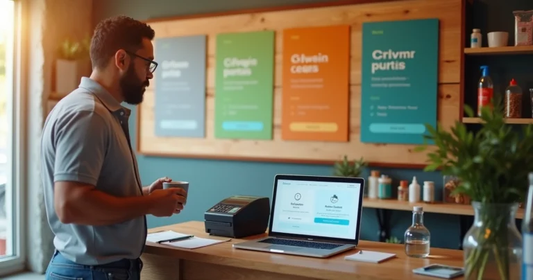Dono de pequeno comércio escolhendo entre diferentes planos de CRM em quadro na parede