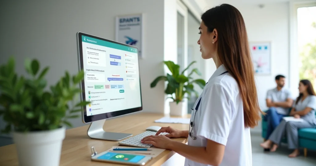 Recepcionista de clínica usando sistema de CRM em computador na recepção