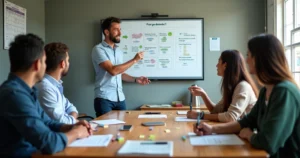 Equipe pequena de vendas em treinamento rápido ao redor de mesa simples