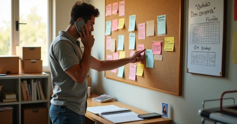 Vendedor fazendo prospecção outbound com celular, mural de contatos e anotações organizadas