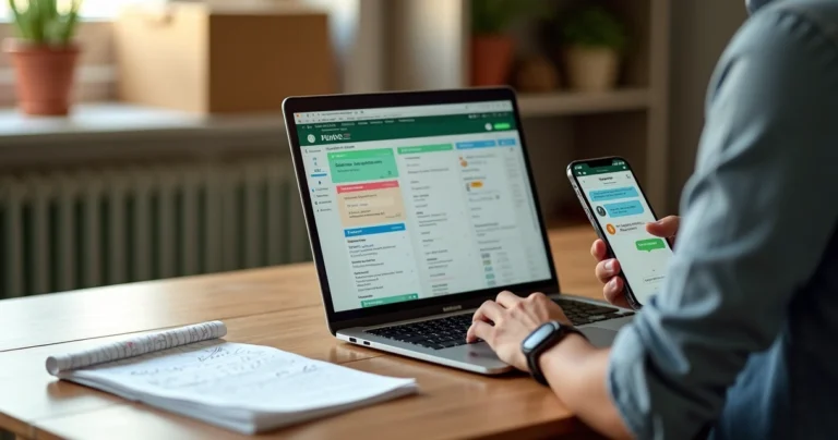 Vendedora recebendo lembretes automáticos de retorno em tela de notebook enquanto conversa pelo WhatsApp Web
