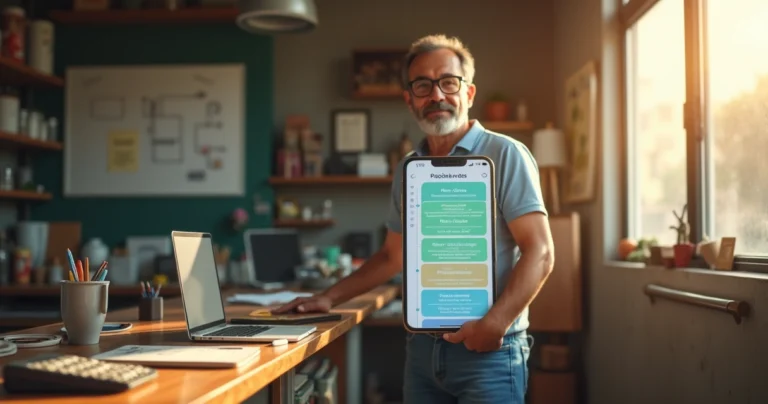 Dono de pequena empresa olhando pipeline de vendas simples no celular