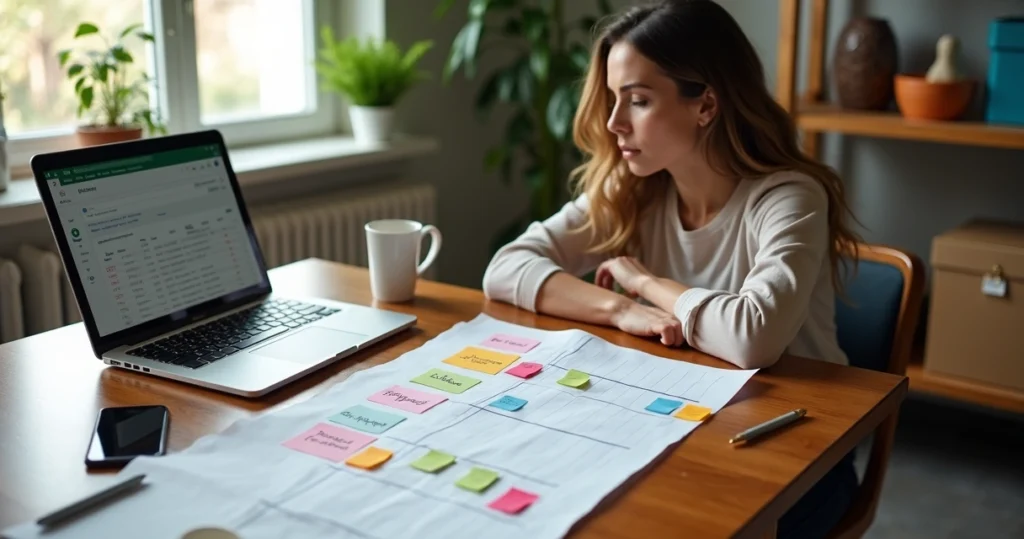 Empresária de pequena empresa organizando planejamento de vendas com cartões de cores em mesa