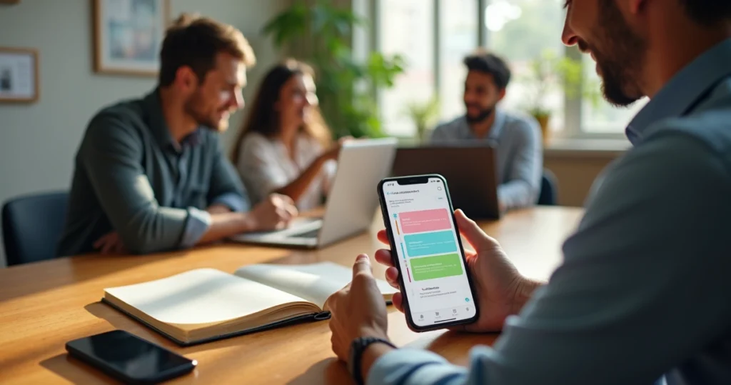 Pequena equipe de vendas usando CRM simples no celular em espaço de coworking