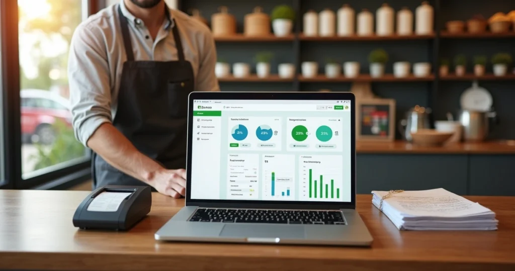 Pequena empresária usando sistema ERP no balcão da loja